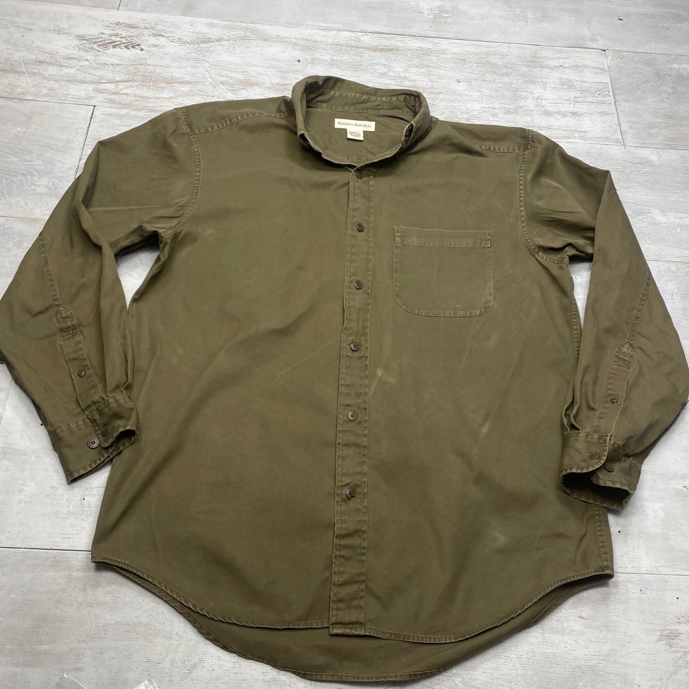 Banana Republic Cotton Twill Shirt Men Large Olive Green Button Down Vintage 90s